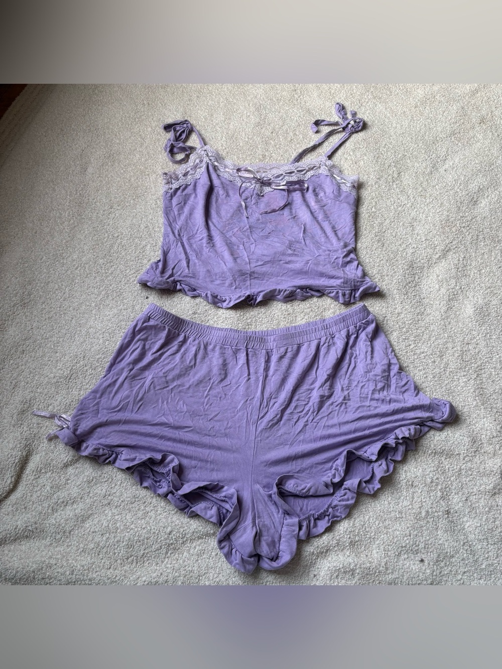 Adore Me Lavender Lace-Trim Cami & Ruffle Shorts Set